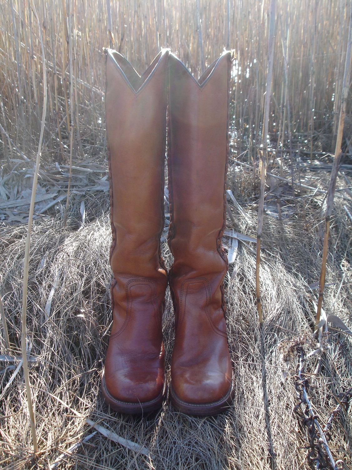 ON HOLD for EMILY Frye Boots Knee Hi Tall Cowgirl Round Toe Western Boho 70's Leather Wood Heeled