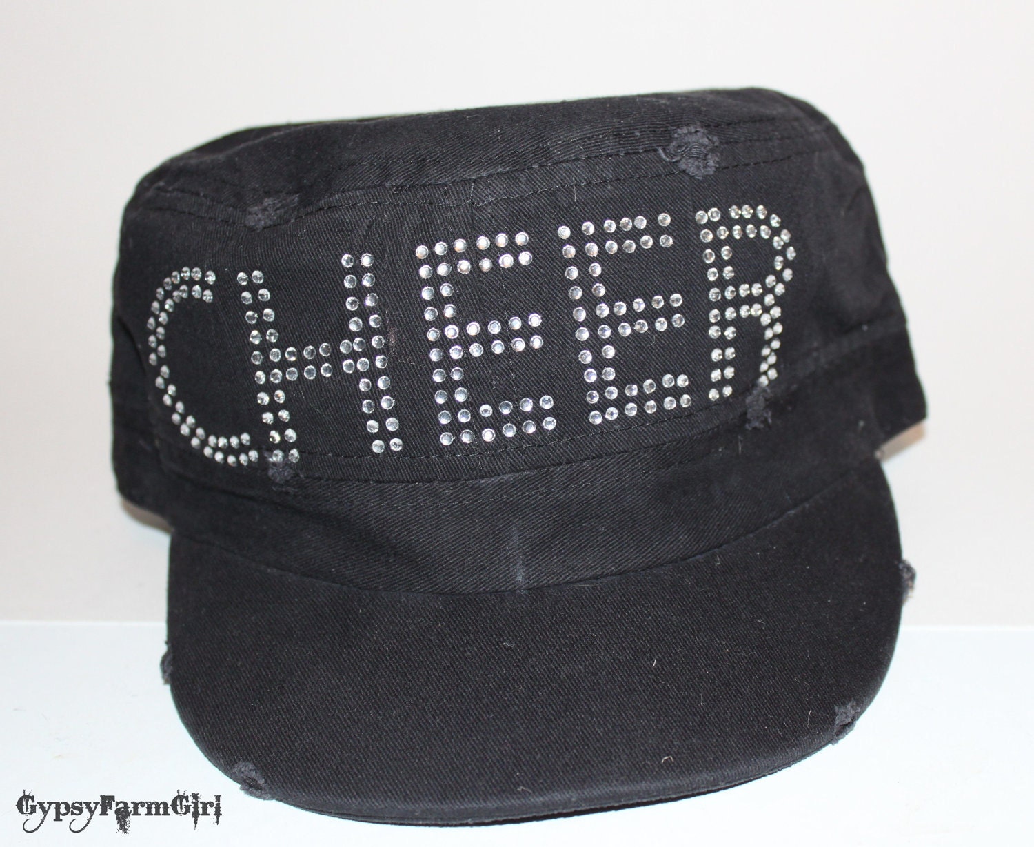 Black Cheer Hat -on Sale - Short Billed Military Style Womens Cap with Rhinestone Bling