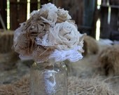 Burlap and Lace Bride's Wedding Bouquet with Pearls Natural and Cream Colors - GypsyFarmGirl