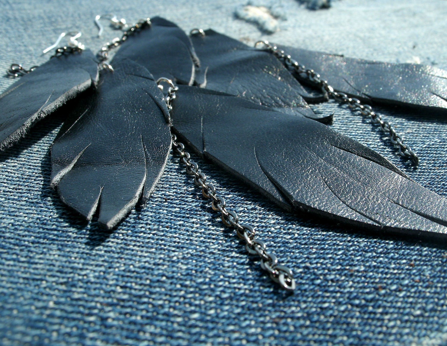Black feather earrings handmade from salvaged leather, chain detail, one of a kind repurposed leather earrings.