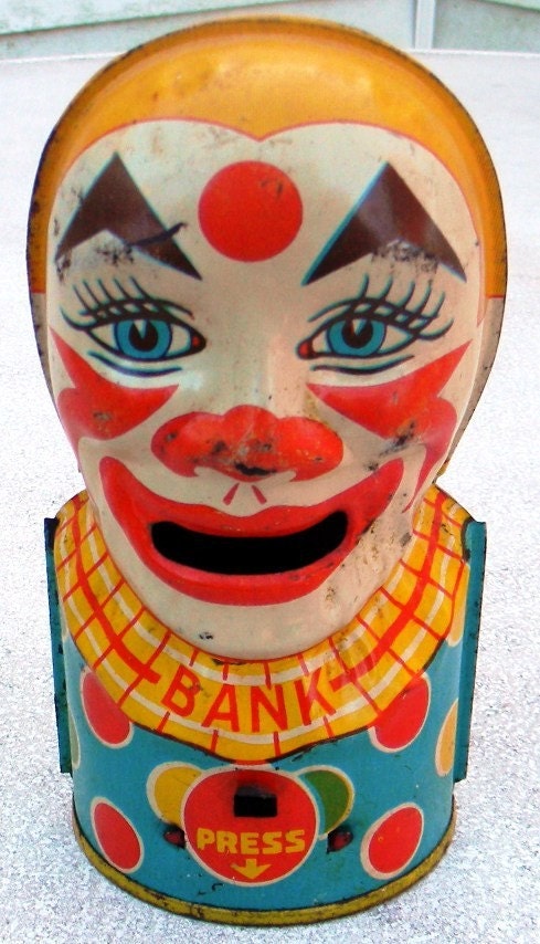J Chein & Co. Antique Vintage 1950s Clown Tin Bank - FREE SHIPPING USA