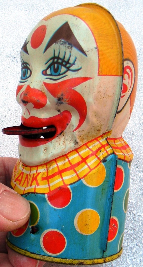 J Chein & Co. Antique Vintage 1950s Clown Tin Bank - FREE SHIPPING USA