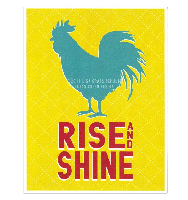 CLEARANCE - 8x10 Rise and Shine Aqua & Red Rooster Retro Style Print