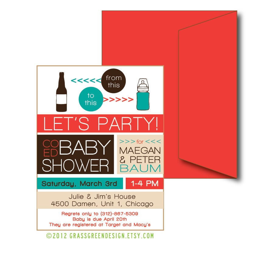Co Ed Baby Shower Beer Bottle To Baby Bottle - 15 Custom Invitations with Envelopes