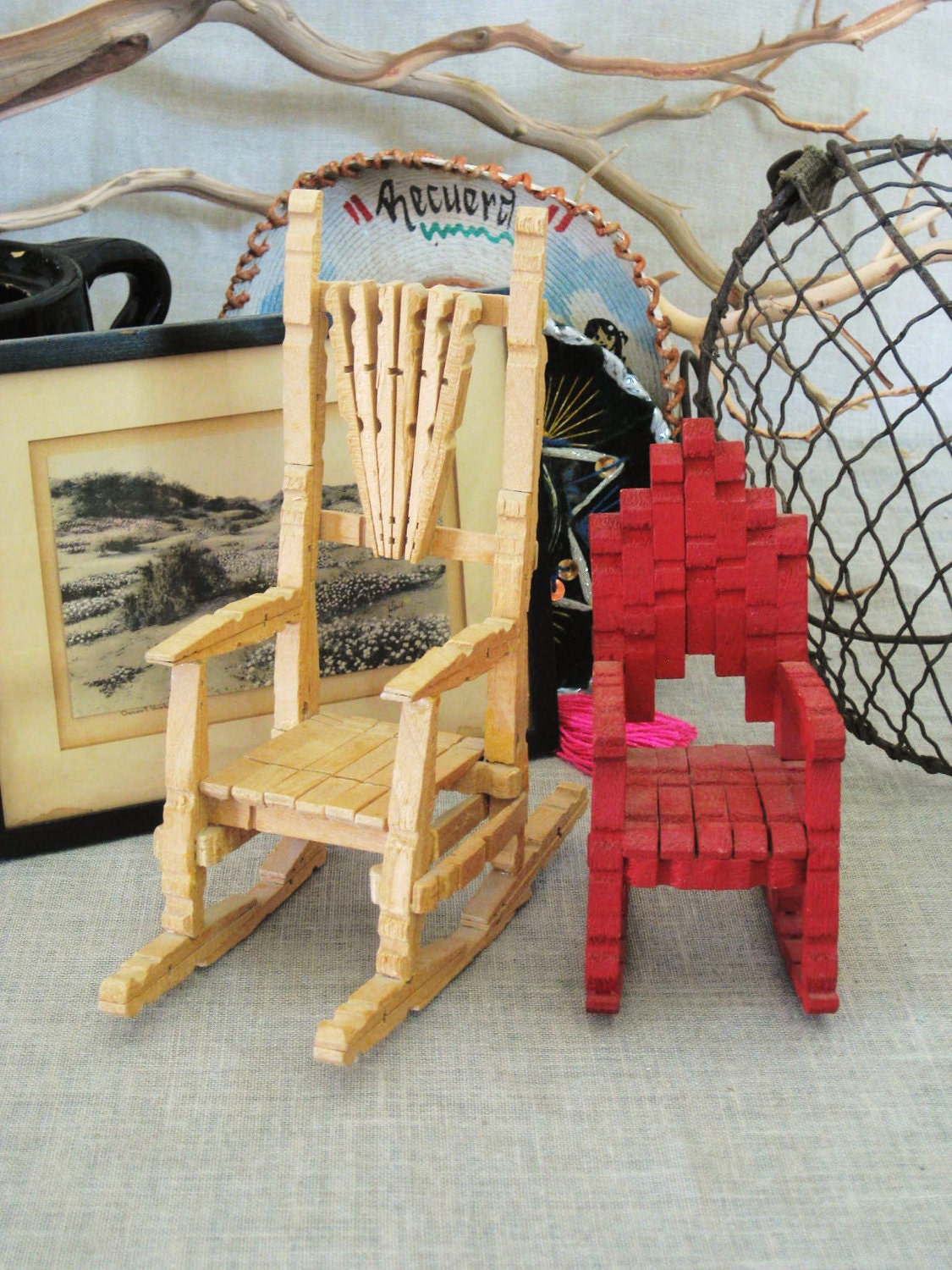 40% off Entire Shop - Vintage Folk Art Clothes Pin Chairs Pr - Doll Parts / Toys