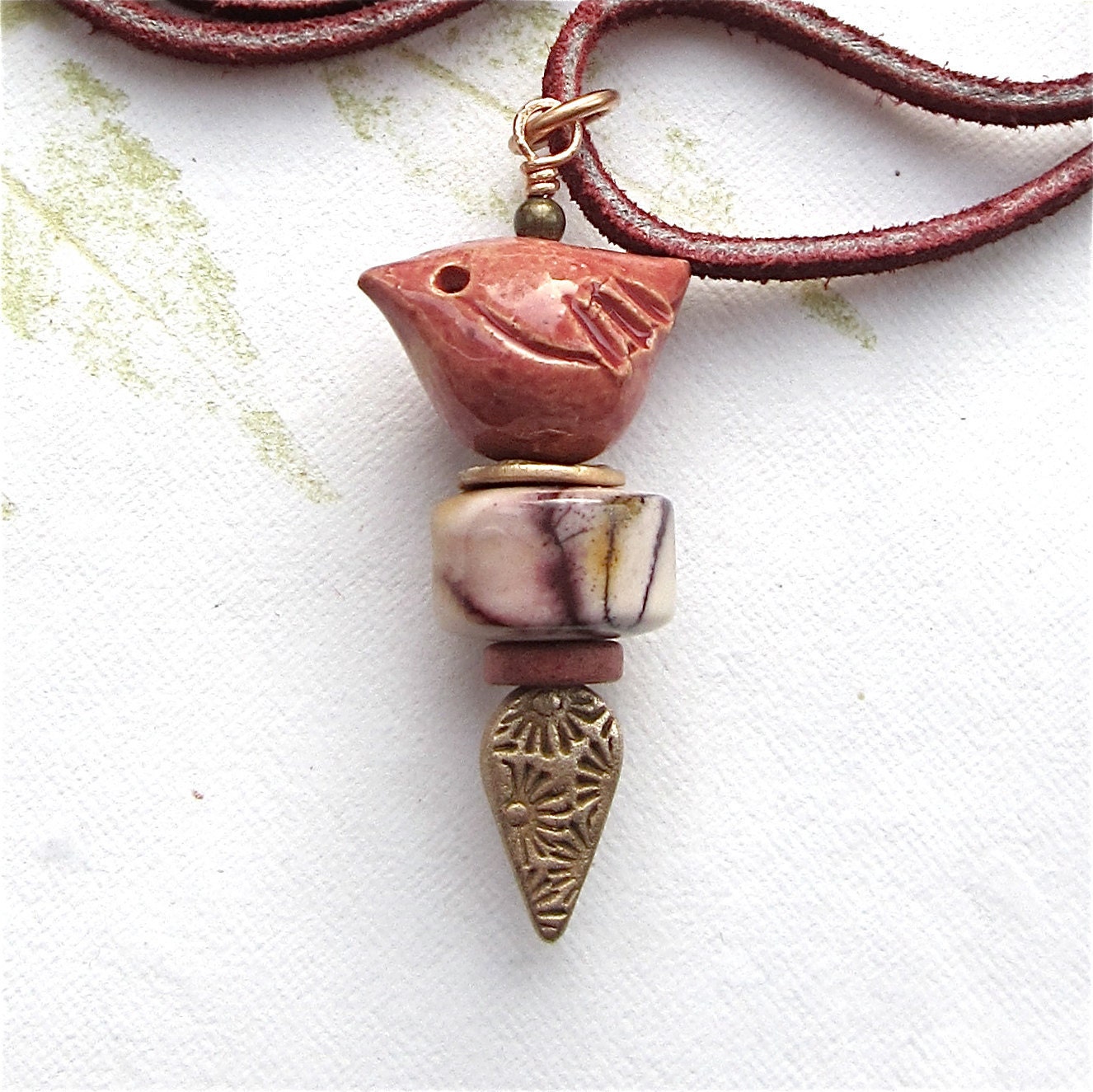 Ceramic bird pendant , pink bird necklace, Mookite pendant -Sweet Bird of Youth