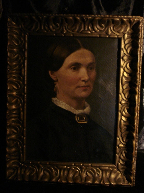 REDUCED - Antique Oil Painting Portrait on Canvas framed in old gold gesso frame at Gothic Rose Antiques