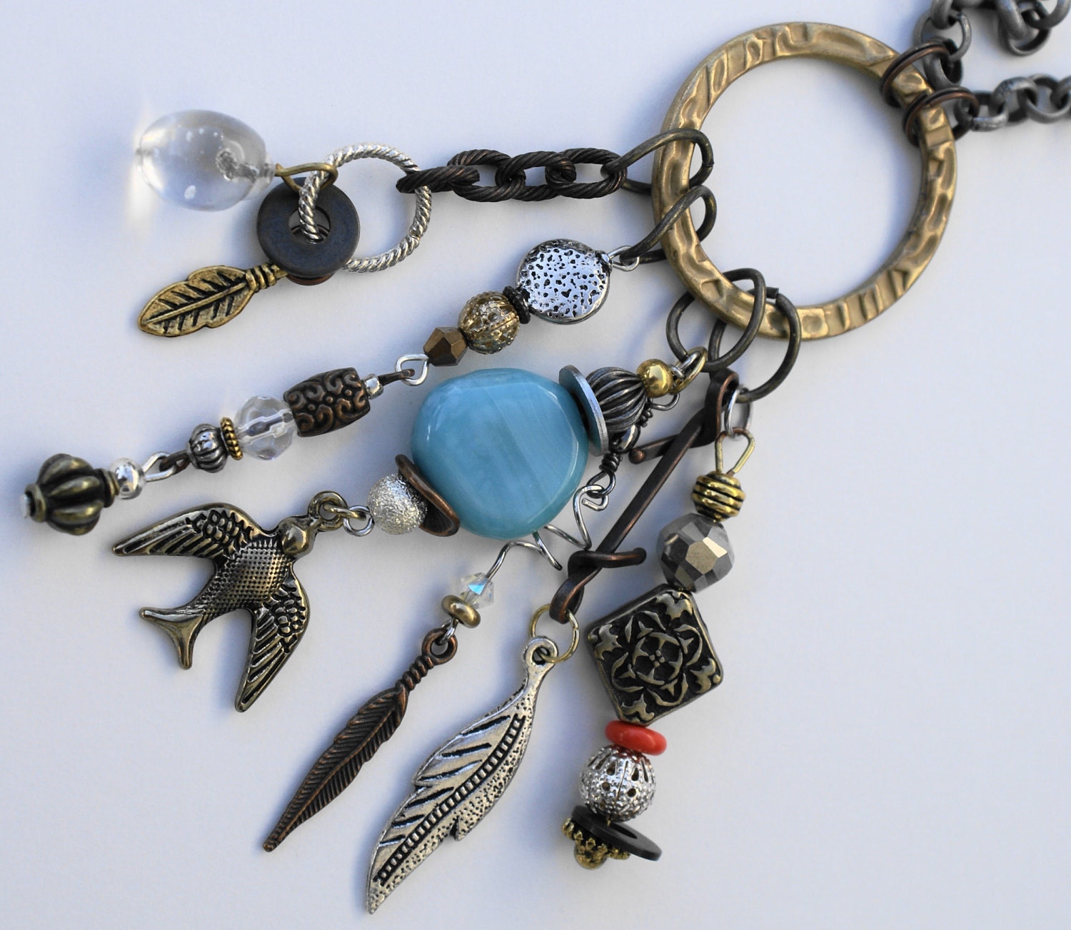 Natures Spirit // Mixed Metal, Beaded, Feather & Bird Charm Chain Necklace // Boho Tribal // Woodland Zen