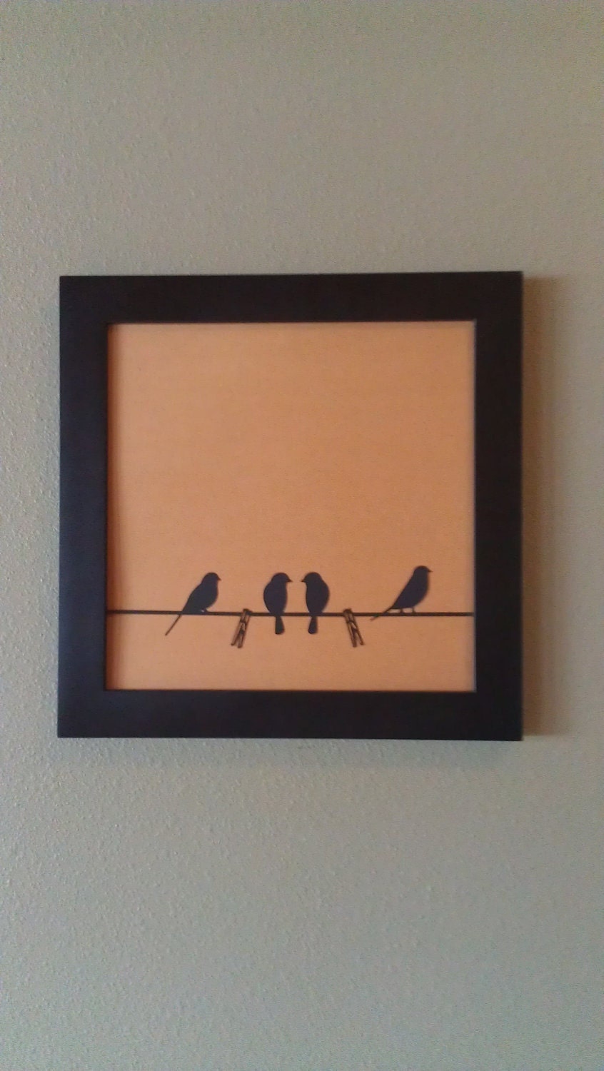 Sweet Little Love Birds On The Clothesline, Original Papercut Wall Art 12"X12" Square, A Darling Bird Family, Natural