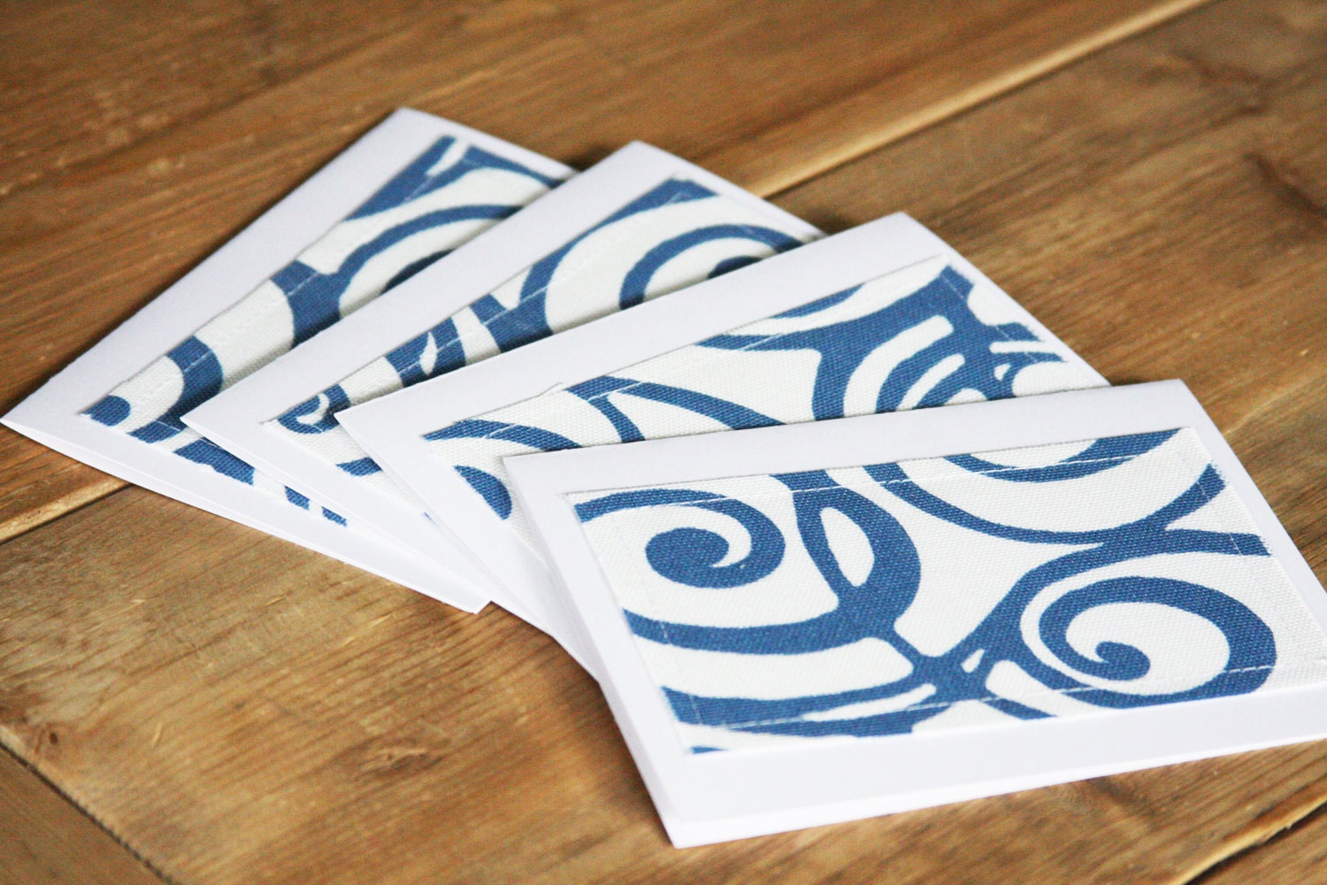 Blue Note Cards - Blue Squiggles Fabric - Set of 4 (Blank) - FREE US SHIPPING