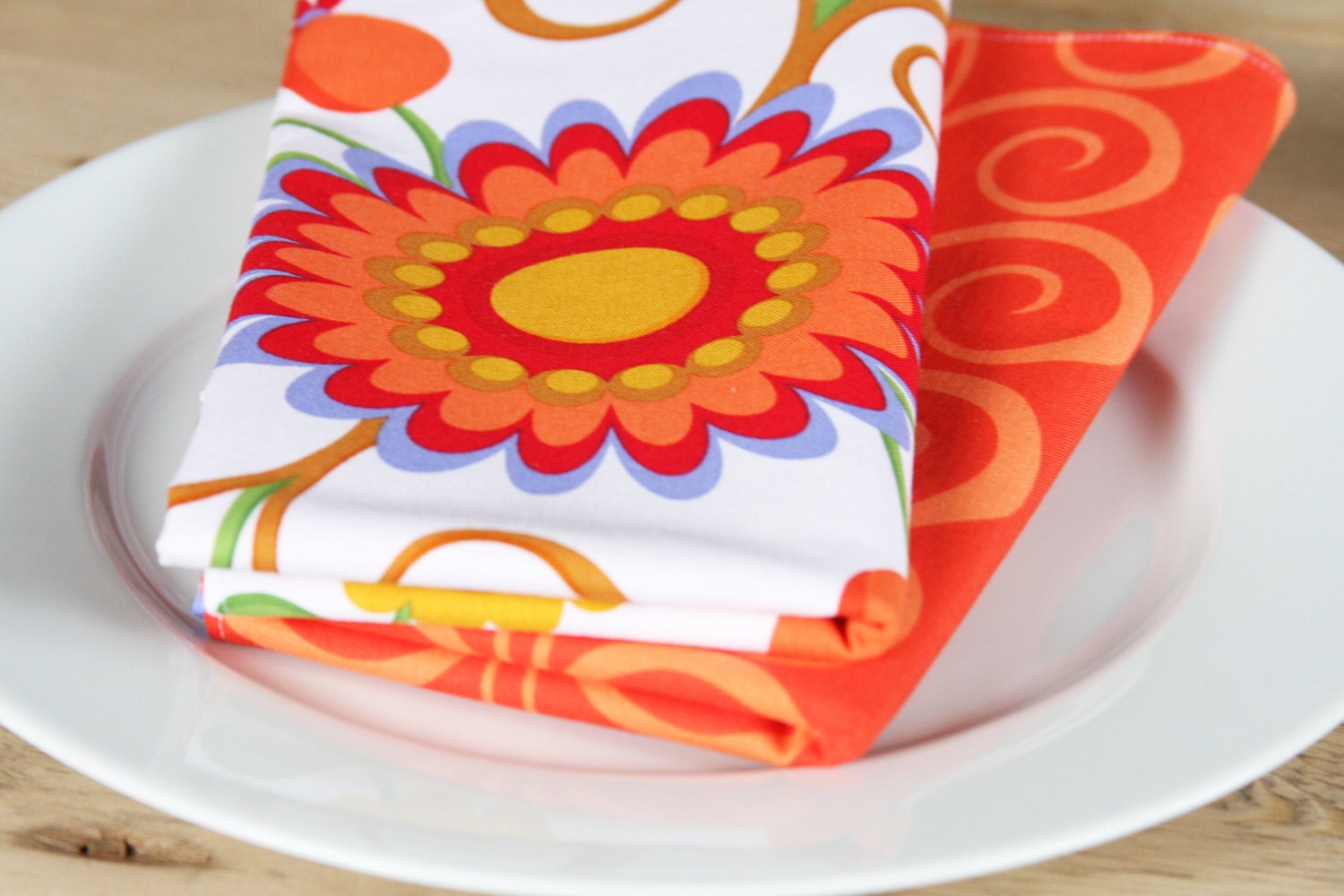 Cloth Napkins - LAST 2 SETS - Floral with Orange Squiggle - Set of 4 Reversible Cloth - Free US Shipping