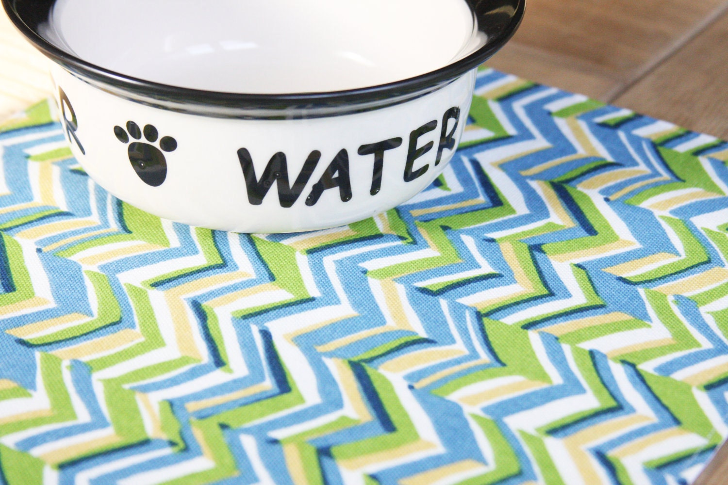 FREE US SHIPPING Pet Food Mat - Blue, Green and Yellow Chevron in Small Size