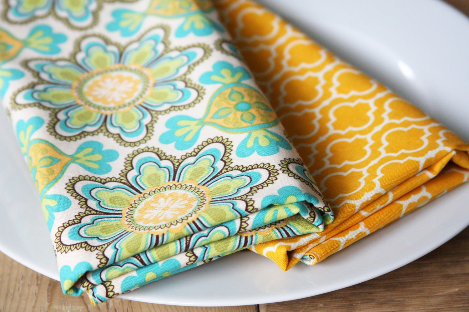 Napkins - Blue, Green, Yellow Floral - Set of 4 Reversible Cloth - LAST SET AVAILABLE