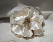 Beautiful burlap flower satin hair accessory in a soft and lovely crepe back satin fabric