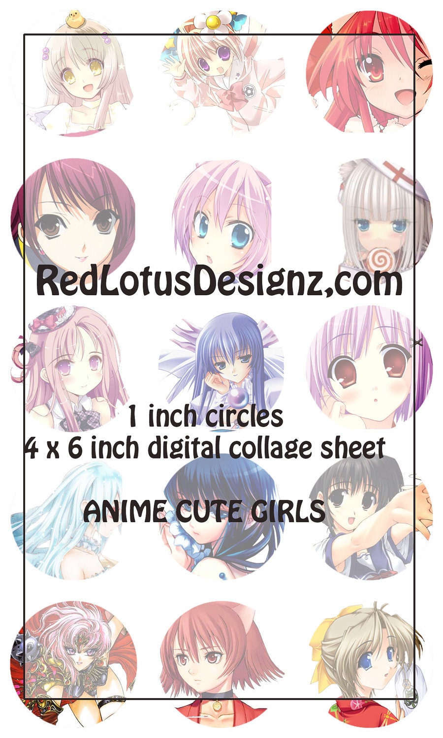 Anime Cute Girls 1 inch Circles 4x6 Inch Digital Collage Sheet Scrapbooking