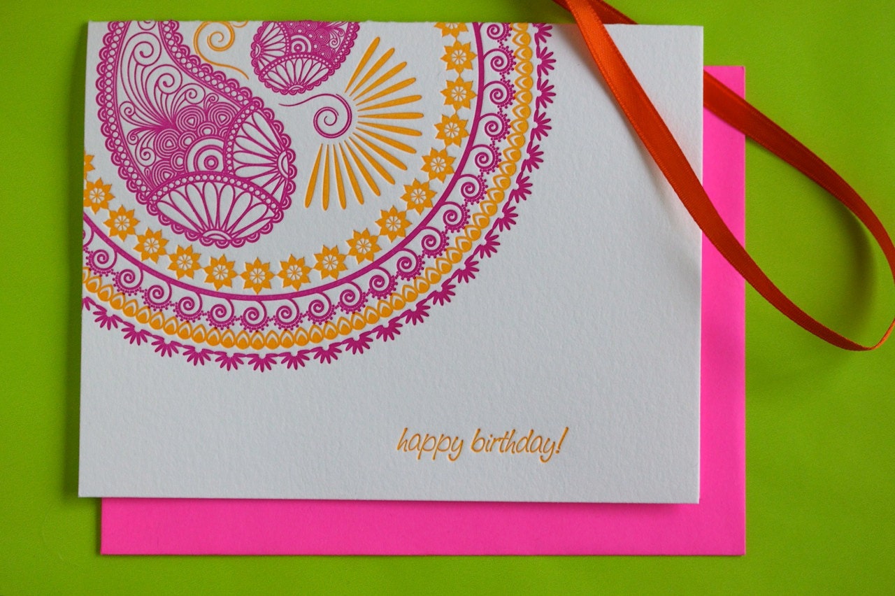 10% OFF SALE - Letterpress Birthday Note Card - Indian Hindu Morrocan Pink and Yellow Orange Design