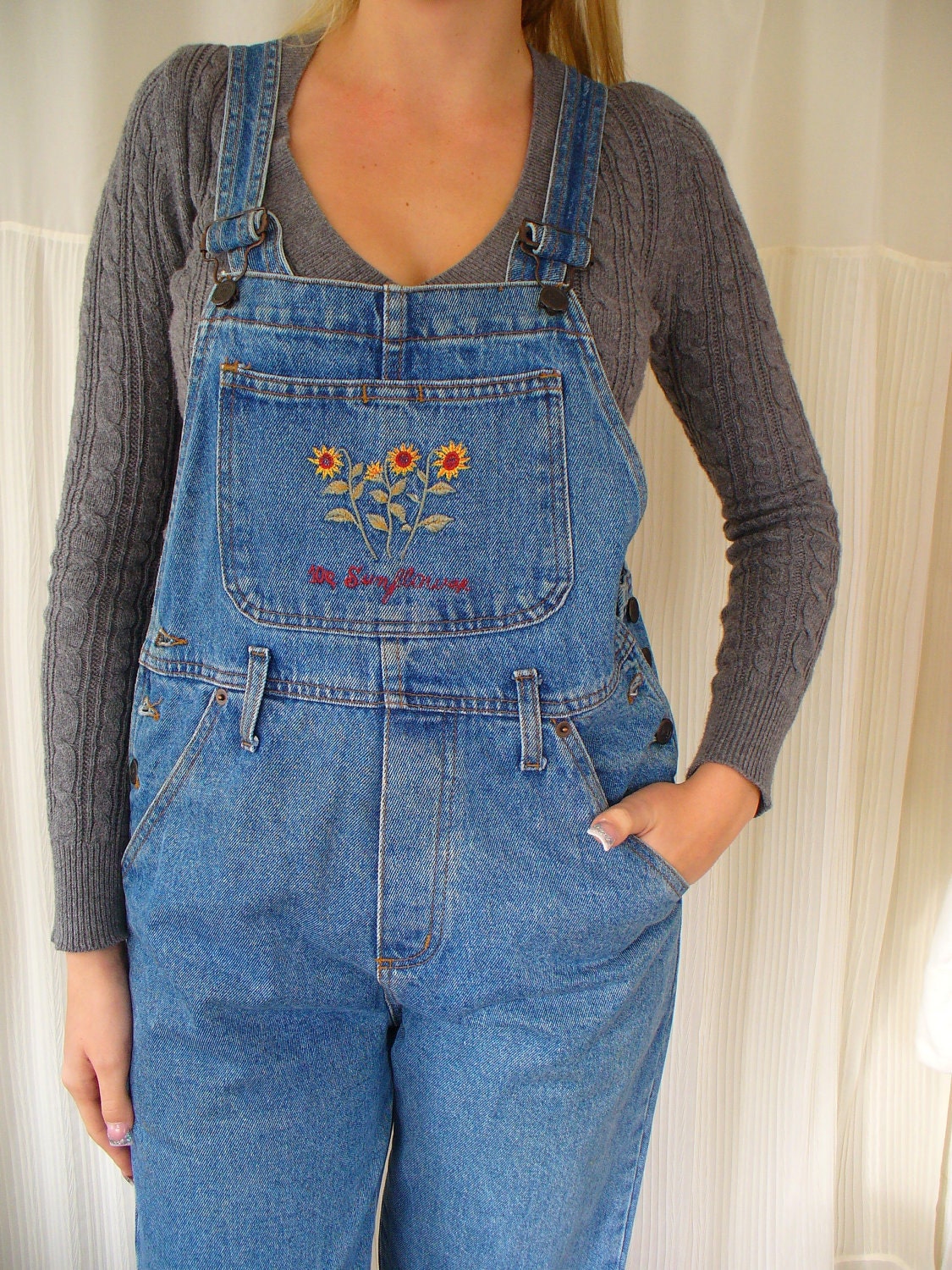 Vintage Blue Denim Bib Overalls Embroidered by vintageriches