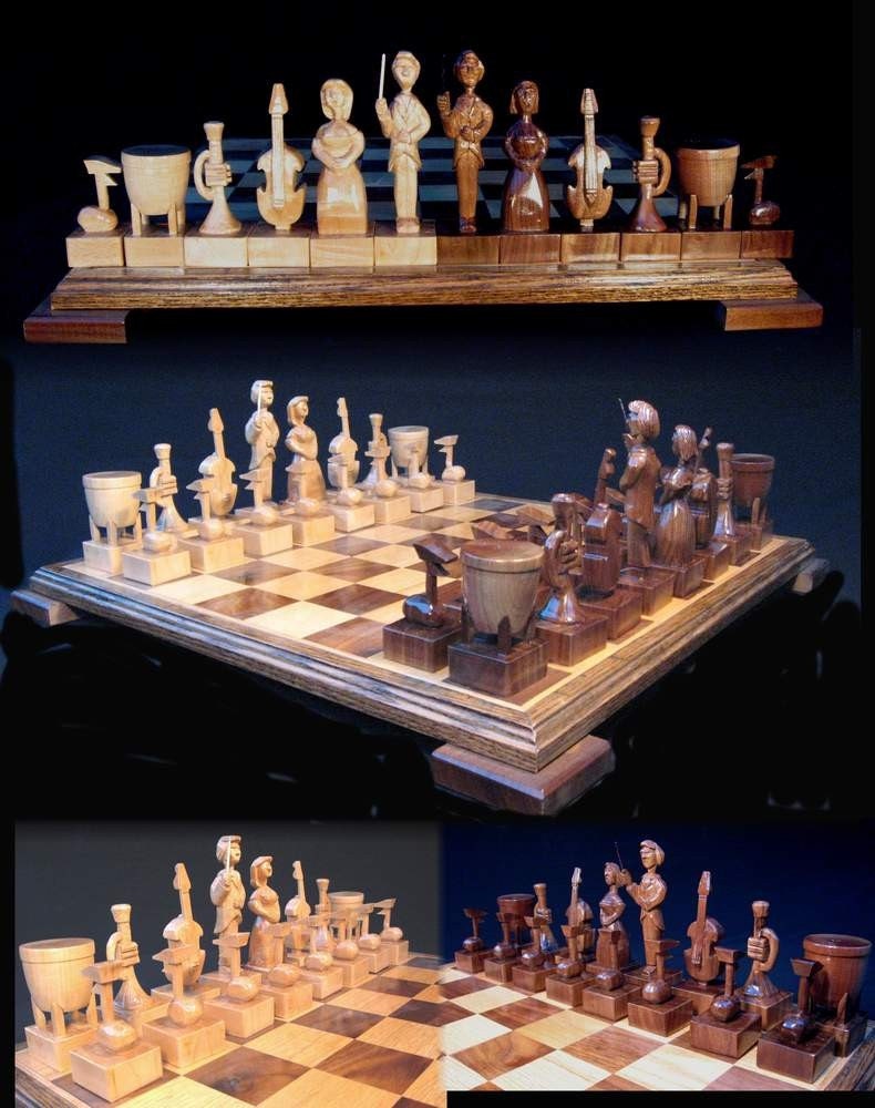 Orchestral Chess Set on etsy handmade hand carved chess    sets, custom themed chess sets and chess boards, hand carved to order