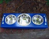 Raised Dog Bowl Pet  Feeder for Small Dogs or Cats-  Mixed Size Three Bowls - Royal Blue with Silver Handles- Made to Order