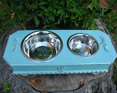 Elevated  Pet Feeder Country Celadon Blue/Green Shabby Chic for Medium Size Dogs Made To Order