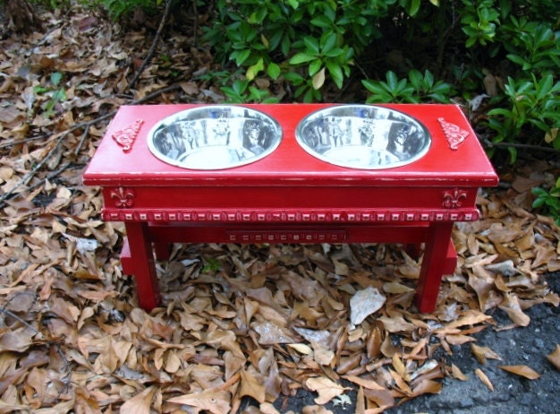 Elevated Dog Bowl Pet Feeder For Large Dogs - Cherry Red Distressed Shabby Chic Made to Order