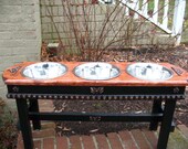 Red Oak Stained Top  Elevated  Pet Feeder For Large Dogs - Black Distressed Base Shabby Chic Three Bowls - Made to Order