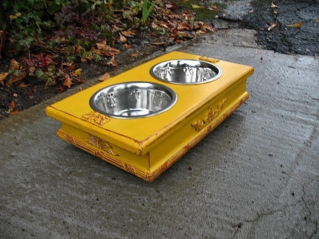 Shabby Chic Elevated Dog or Cat Pet Feeder -Distressed Marigold Bronze Underlay Two - One Quart Paw Print Stainless Bowls Made to Order
