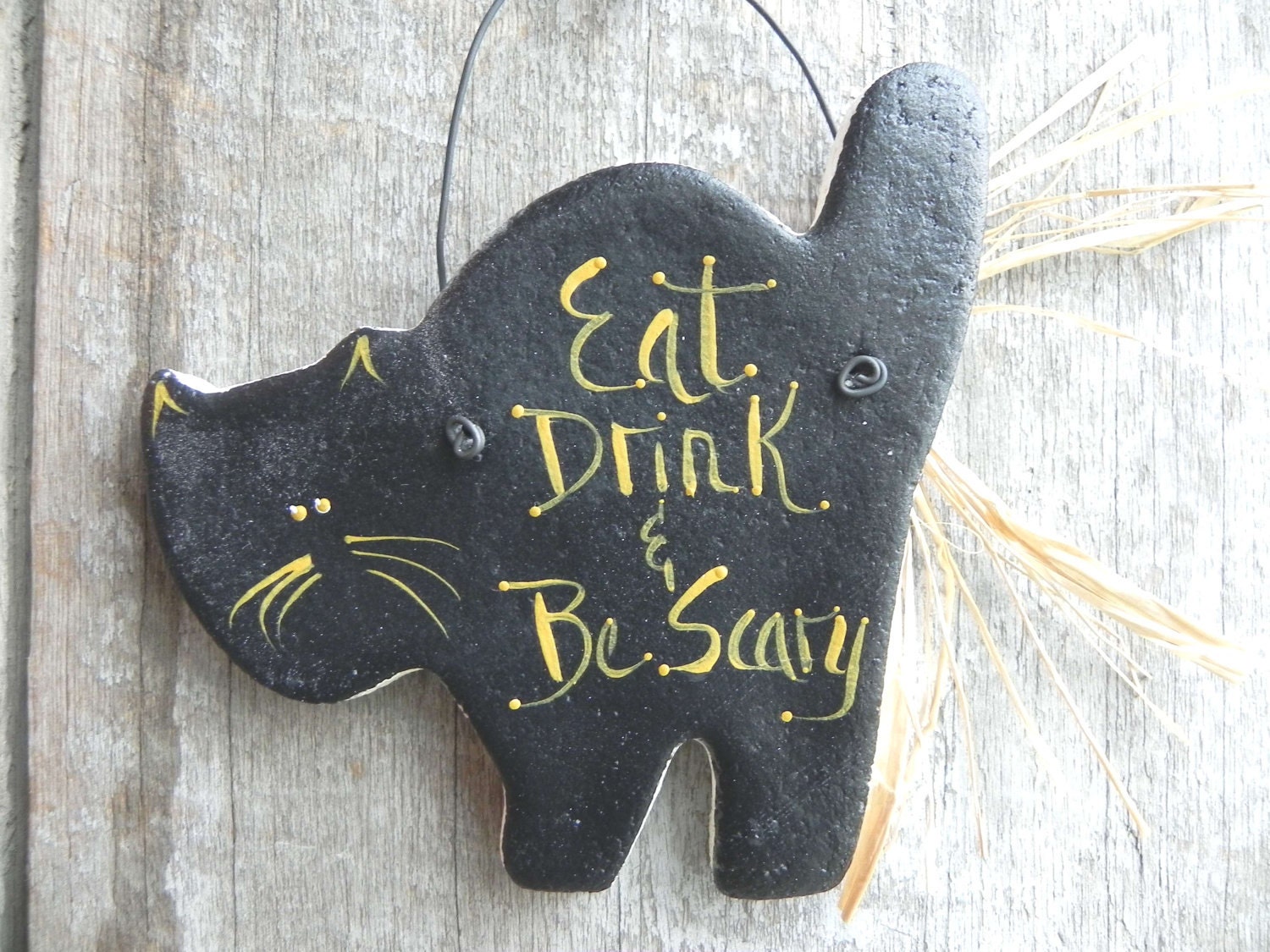 Black Cat Halloween Salt Dough Ornament  Hanging Fall Decoration - cookiedoughcreations