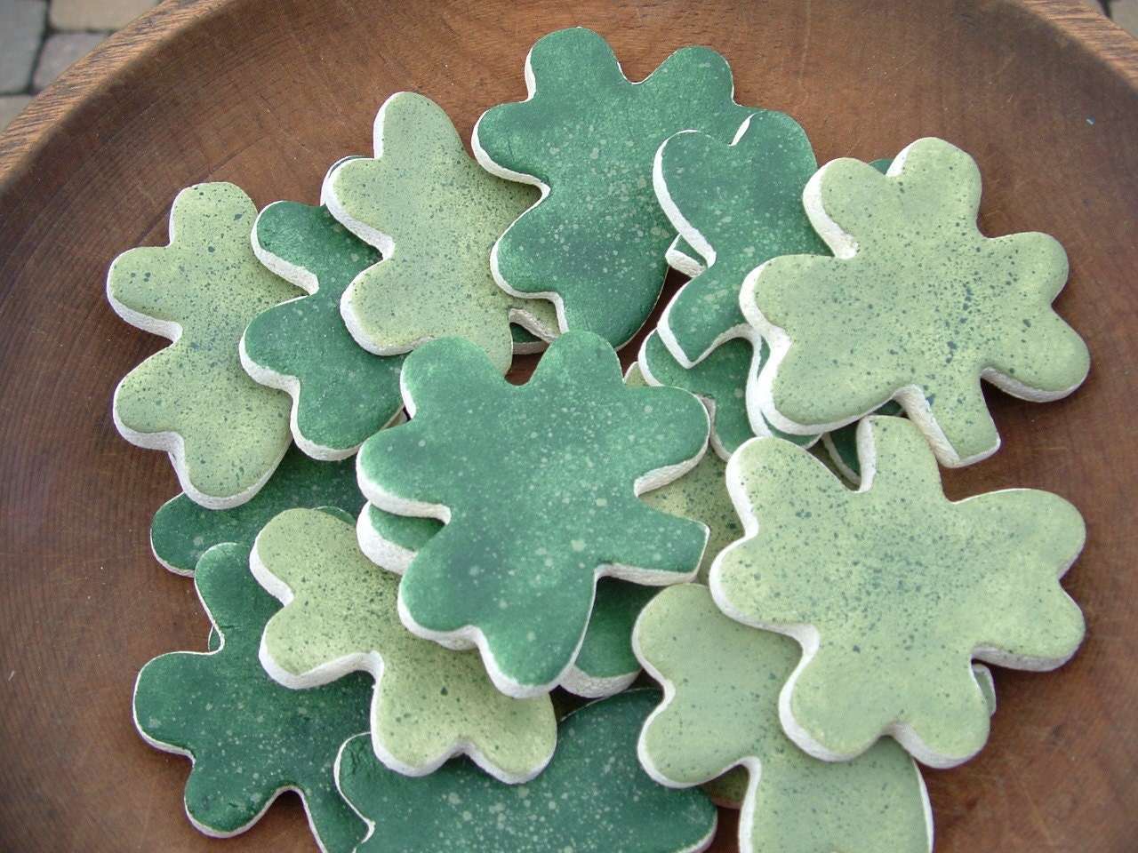 Shamrock Bowl Fillers Salt Dough Ornaments Collection of 12 Finished Painted Shamrocks