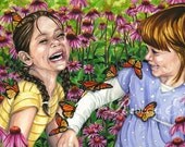 Butterfly Fields - Art Print of Girls and Butterflies 13x19