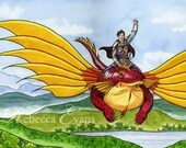 Flight with the Dragon - Art Print of Dragon and Knight Flying 8.5x11