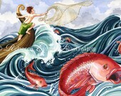 Illustration Art Print of Boy Fishing from Boat on the Ocean 13x19