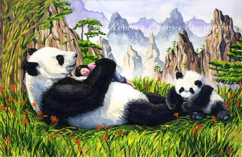 Illustration Art Print of Giant Panda and Girl 8.5x11