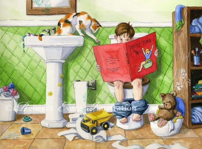 Illustration Art Print of Little Boy in Messy Bathroom 13x19