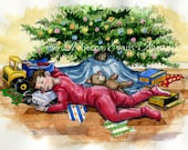 Illustration Art Print of Little Boy Asleep Under the Christmas Tree 8.5x11