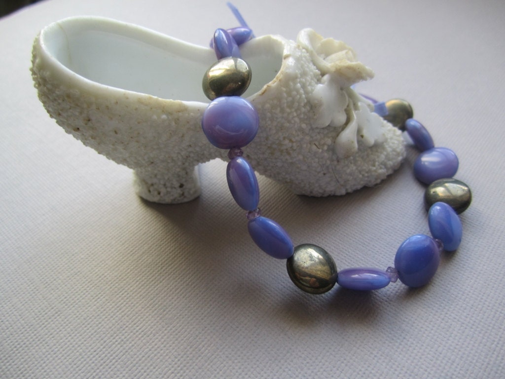 Lavendar Blue Glassbeads and Pyrite Coins Bracelet