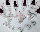 6 Bride and Bridesmaids gift champagne glasses, black and hot pink, Personalized set of wedding flutes for bachelorette