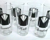 Groomsmen pint glasses with tuxes for wedding.  Set of 7 Best man and Groomsman thank you gifts