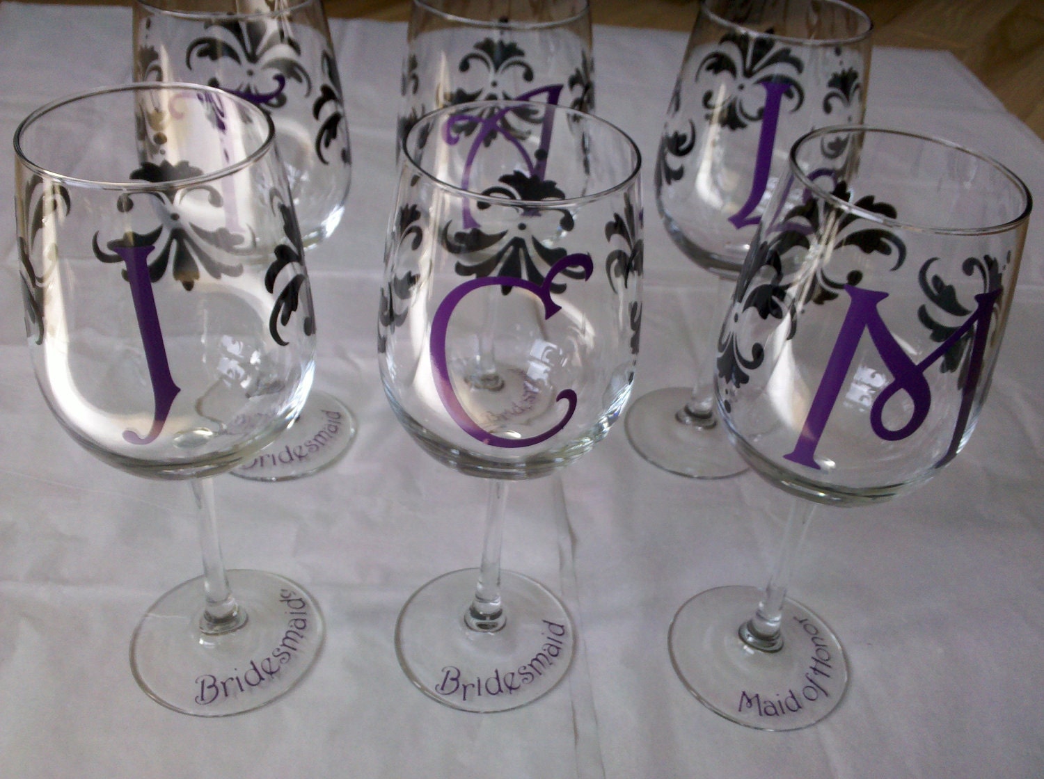 4 Bridesmaids wine glasses, wedding party gift, titles added to base, Damask wine glasses your choice colors