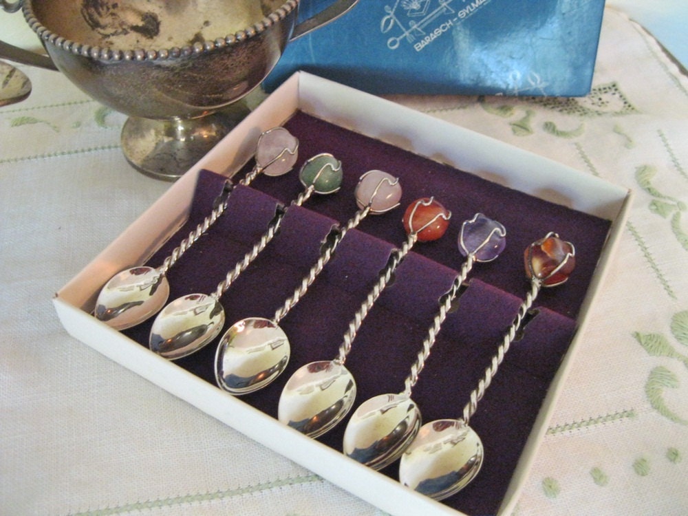 Six Vintage Coffee Spoons with Gemstones