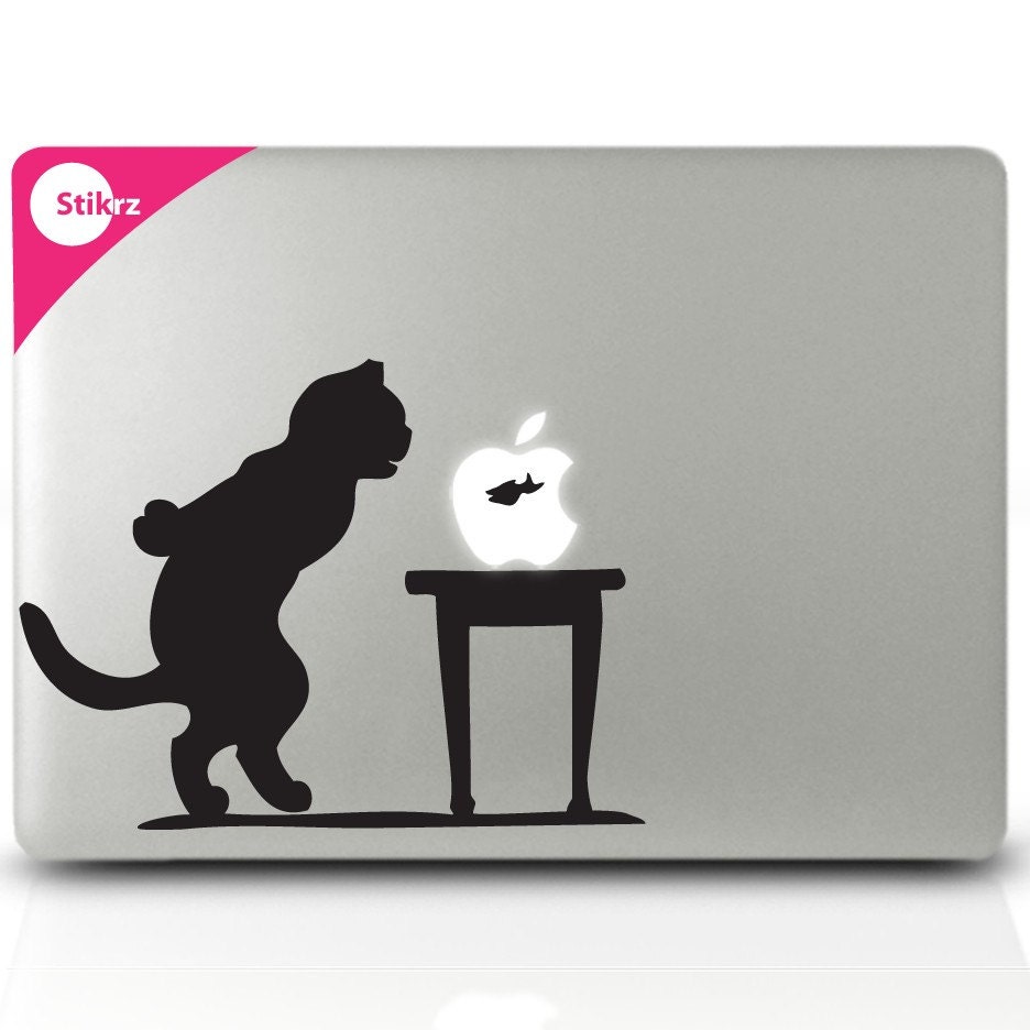 MAC DECAL vinyl laptop stickers Wall Computer Geekery- Cat and Fish- Removable Decal 14