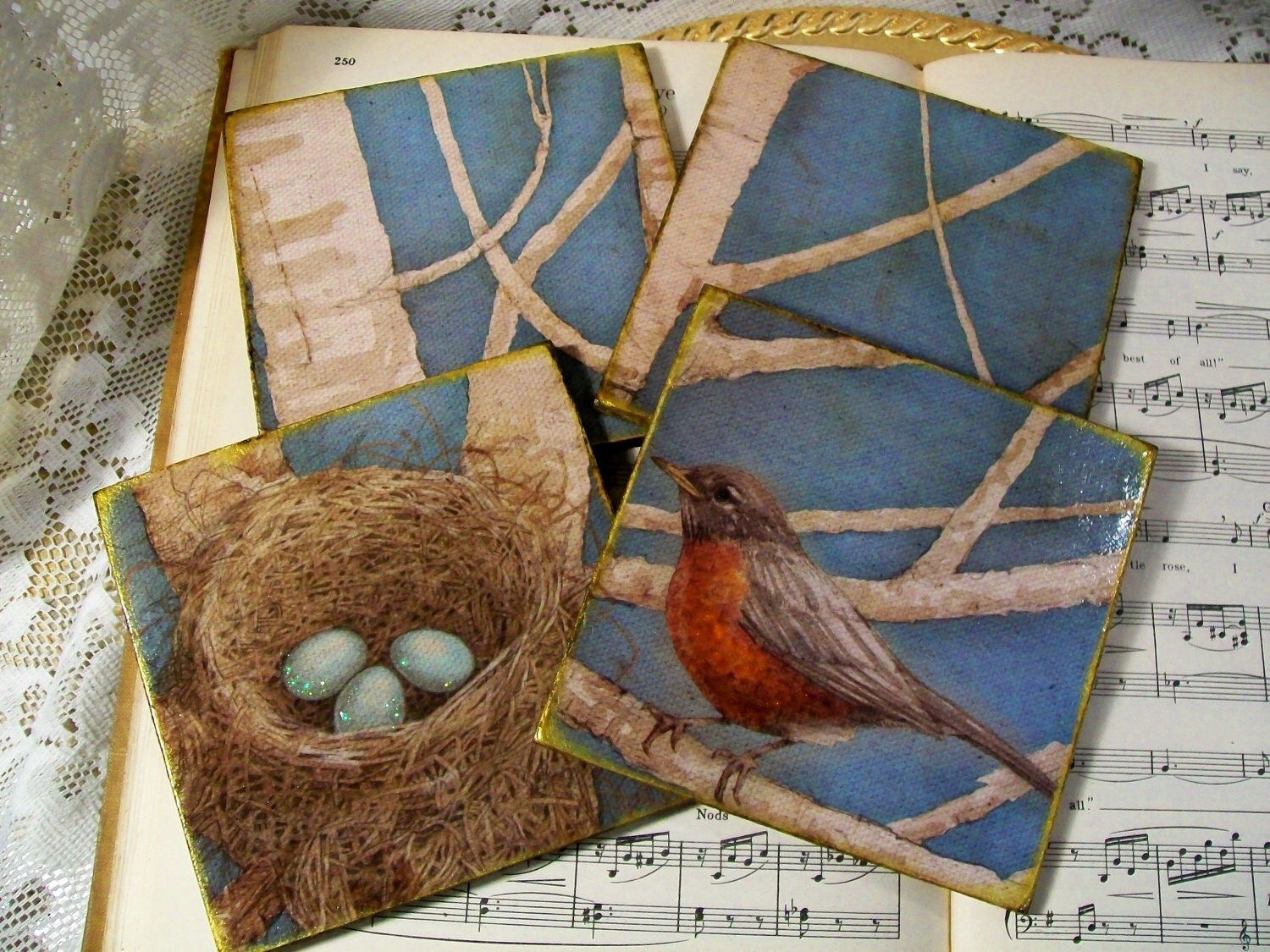 Coasters Nesting Shabby Country Cottage Chic Sweet Bird's Nest Coaster Set