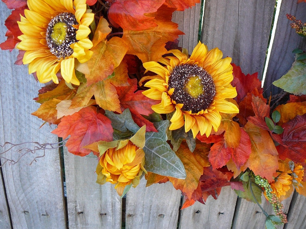 Fall Wreath - Fall Wreath with Golden Sunflower and Fall Leaves Wreath - Fall Sunflower Door Wreath