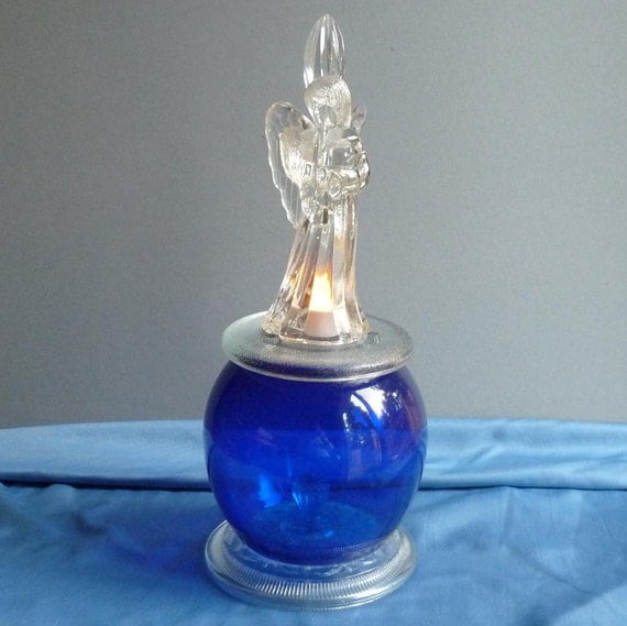Tea light votive candle holder, angel, blue glass, battery votive candle