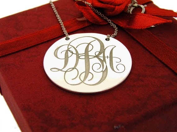 Monogram  Necklace Laser Engraved 1' inch Diameter Sterling Silver