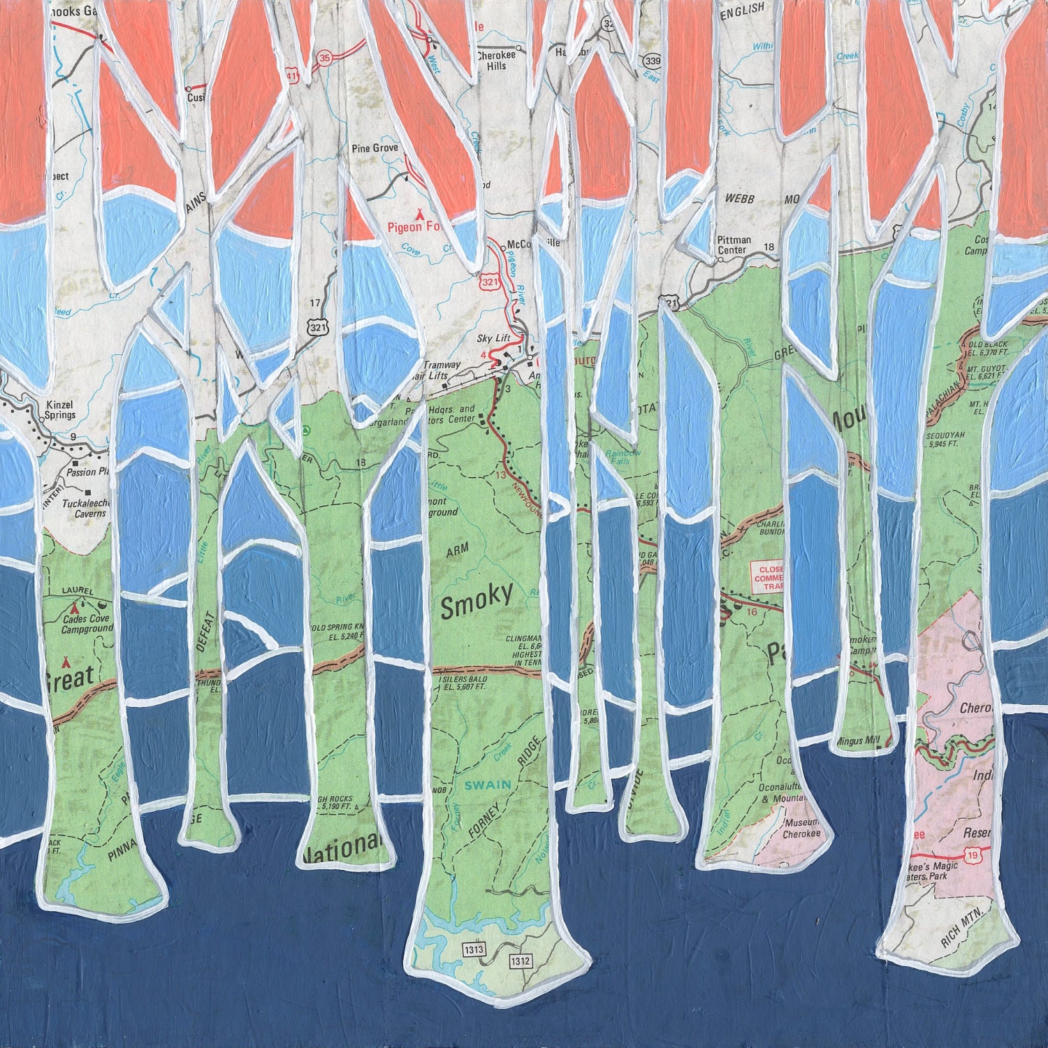 Smoky Mountain Trees - Archival Print of original map painting with map of Smoky Mountain National Park