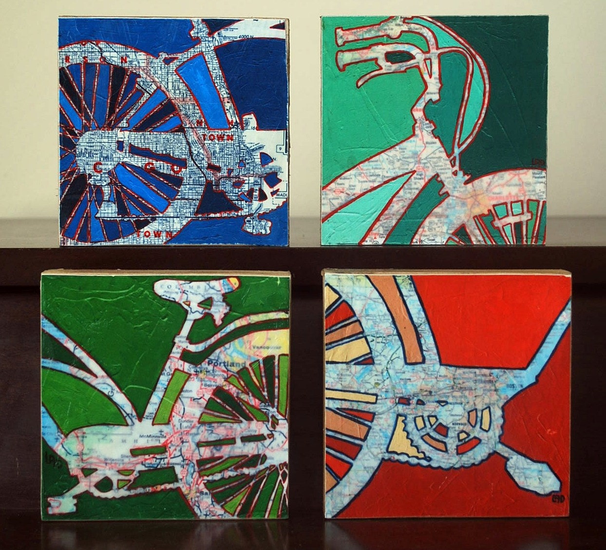 Four 6x6 Mounted Bike Prints with Maps