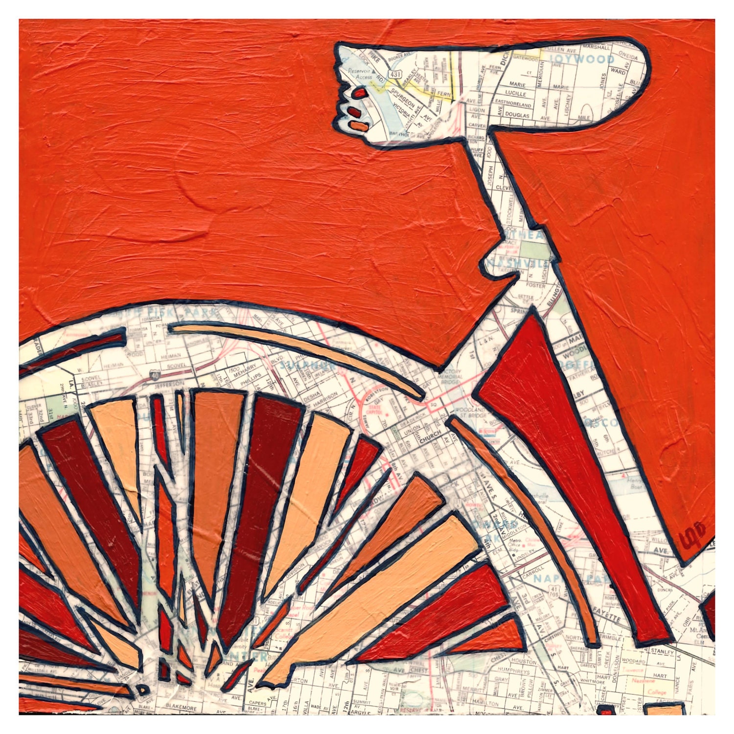 Nashville Bike archival print of original bicycle map painting