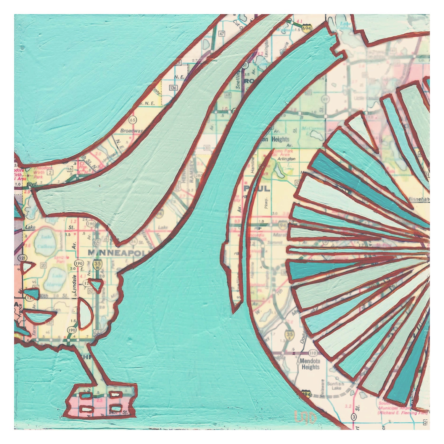 Bike Twin Cities - Archival Print of map painting with vintage map of Minneapolis & St Paul, Minnesota