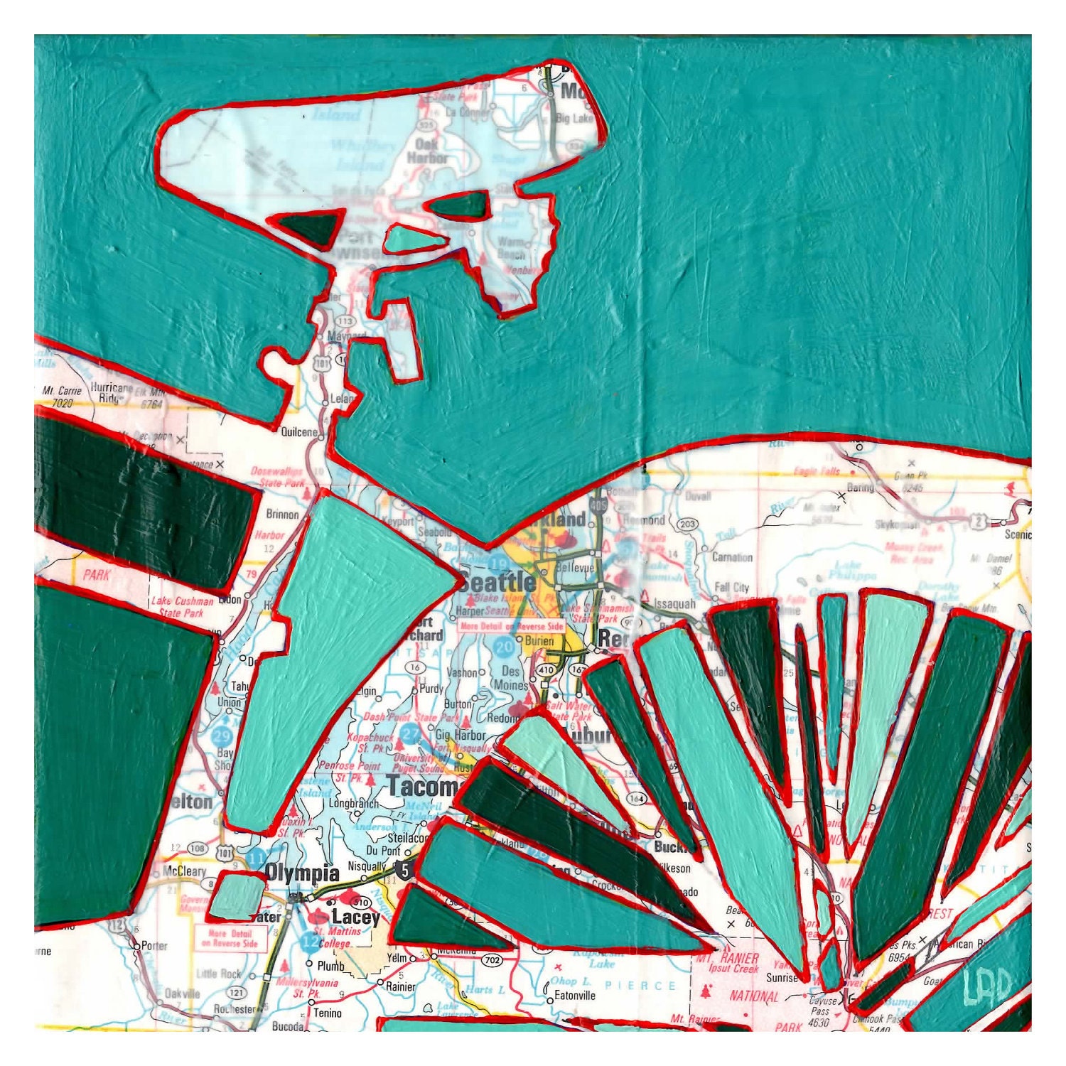 Bike Seattle -archival print of bicycle map painting with vintage map featuring Seattle Washington